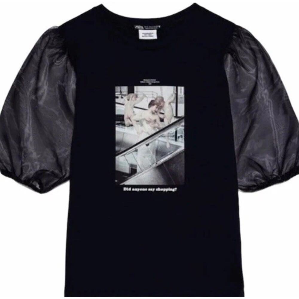 Zara Blessures D’amour Organza Puff Sleeve Blouse Graphic Tee Shirt Women M